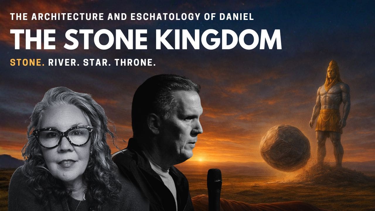 Thumbnail for “The Stone Kingdom” teaching featuring Chris Berglund and Leah Ramirez with text “The Architecture and Eschatology of Daniel: Stone, River, Star, Throne” and imagery of a large stone and statue representing Daniel’s vision.