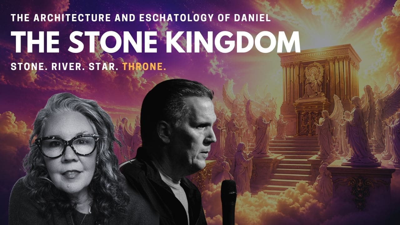 A worship-themed thumbnail showing Chris Berglund and Leah Ramirez with a heavenly throne scene, representing The Stone Kingdom series on being seated with Christ in heavenly places.