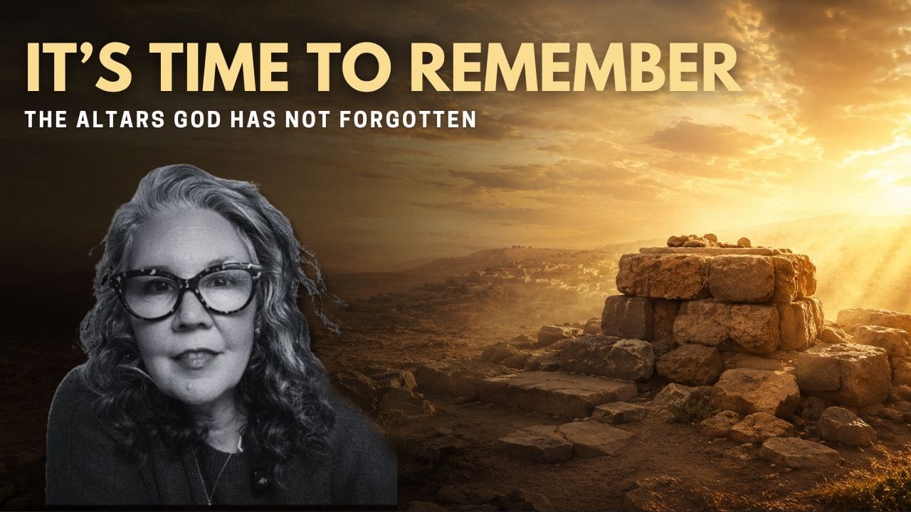 YouTube thumbnail for Leah Ramirez’s message, “It’s Time to Remember: The Altars God Has Not Forgotten,” featuring Leah’s portrait on the left with a golden ancient landscape and stone altar at sunrise on the right.