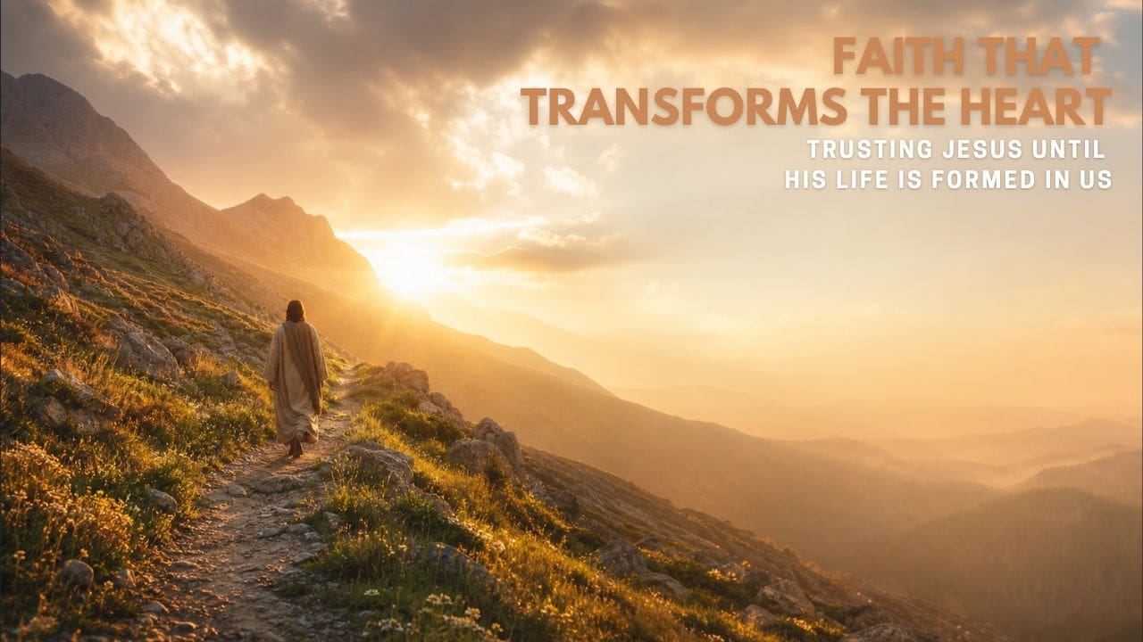 A figure walking along a mountain path at sunrise with warm golden light breaking through the clouds, with text reading “Faith That Transforms the Heart: Trusting Jesus Until His Life Is Formed in Us.”