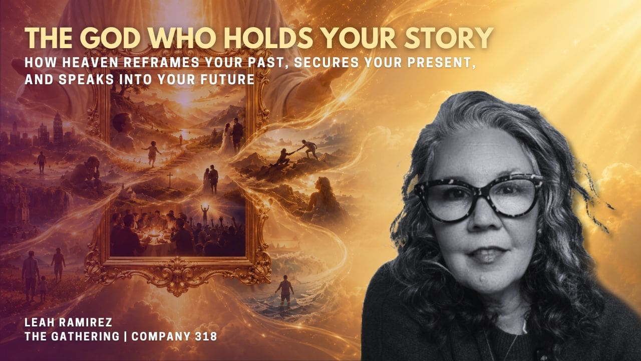 YouTube thumbnail for “The God Who Holds Your Story,” featuring a black-and-white portrait beside a golden collage of framed life scenes representing God reframing the past, securing the present, and speaking into the future.