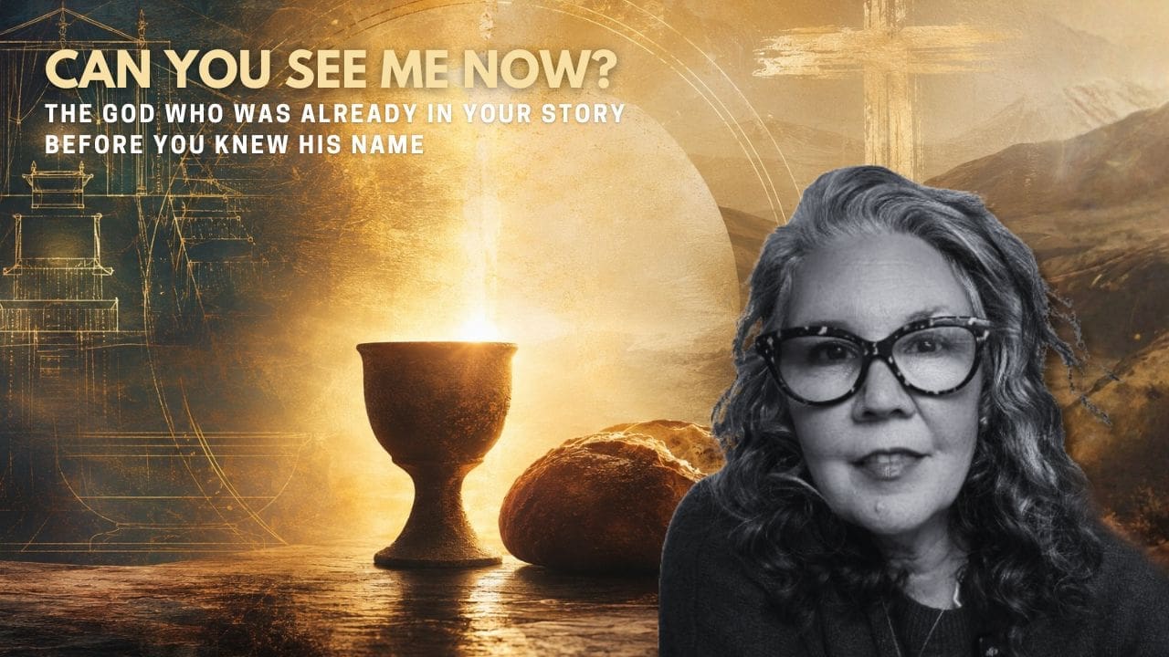 Sermon graphic for “Can You See Me Now?” featuring Leah Ramirez beside bread and a communion cup, with a radiant cross and architectural imagery symbolizing Christ revealed throughout Scripture.
